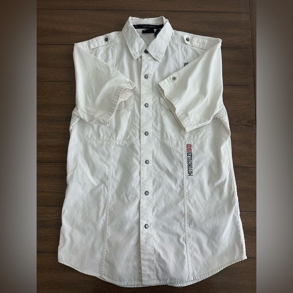 Harley-Davidson White Casual Pearl Snap Heavy Weight Short Sleeve Shirt Size M - Picture 2 of 7